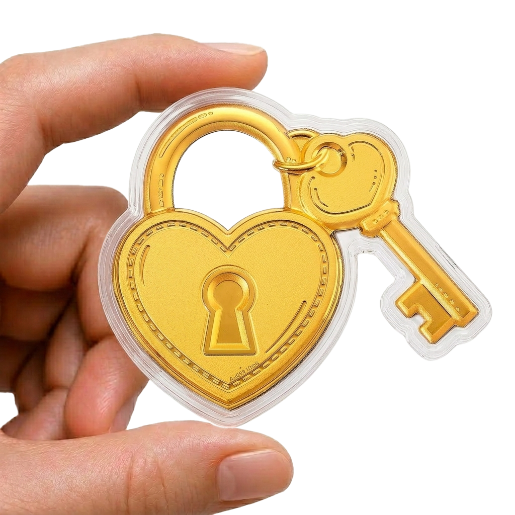 A hand holds a gold-colored heart-shaped lock and key encased in clear plastic against a white background.