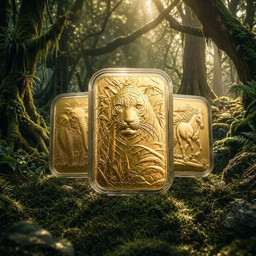 Three rectangular gold bars with animal engravings of a tiger, elephant, and horse in a jungle setting.