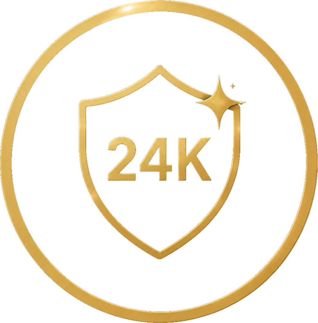A gold icon of a shield with '24K' written on it, enclosed within a circle.