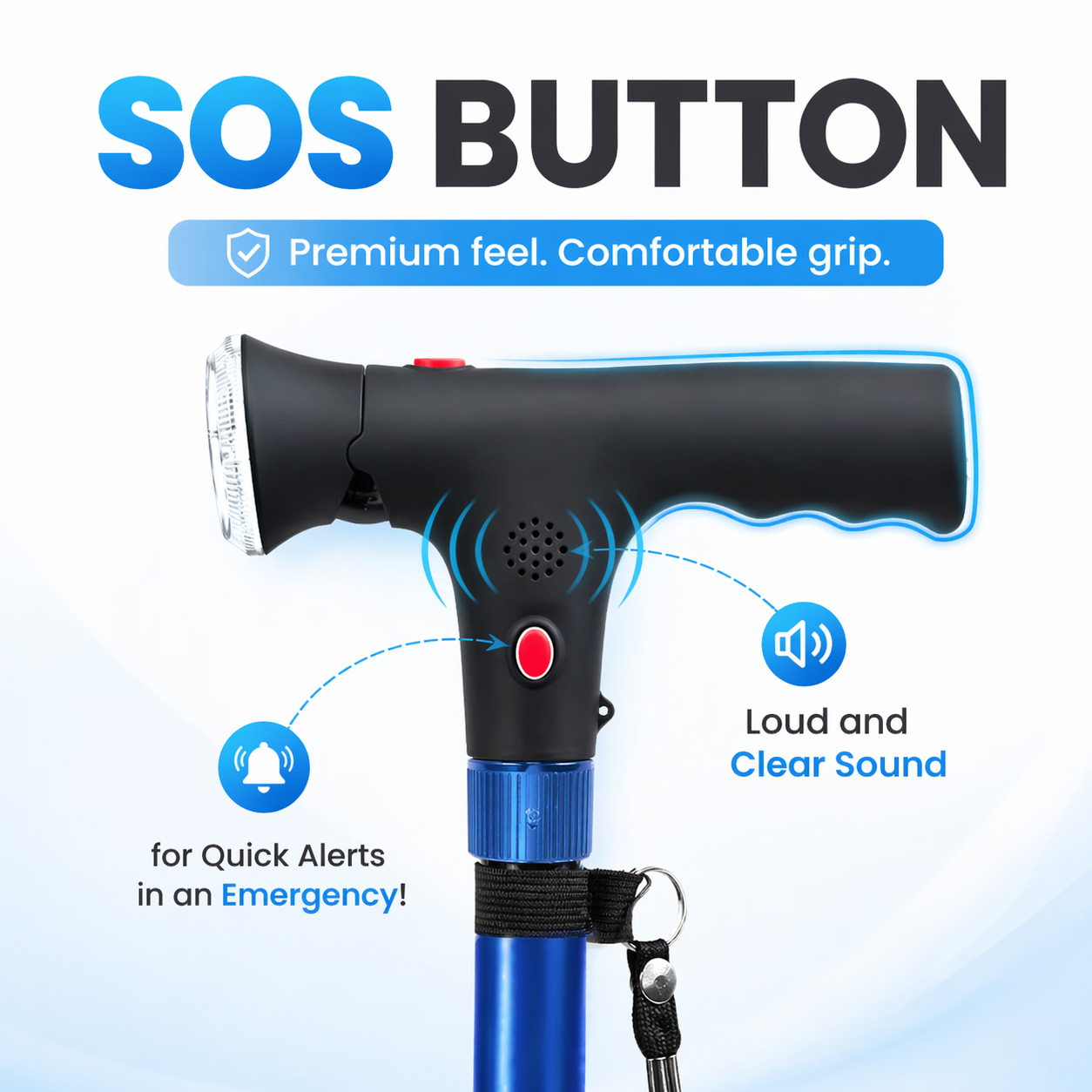 An advertisement showing the handle of a walking cane with an SOS button, alarm, and flashlight features.