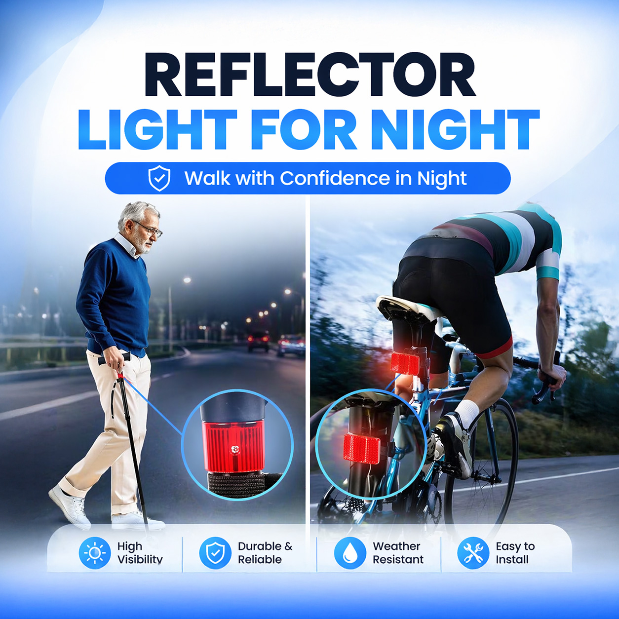 An advertisement for reflector lights showing a man with a cane and a cyclist using them at night.