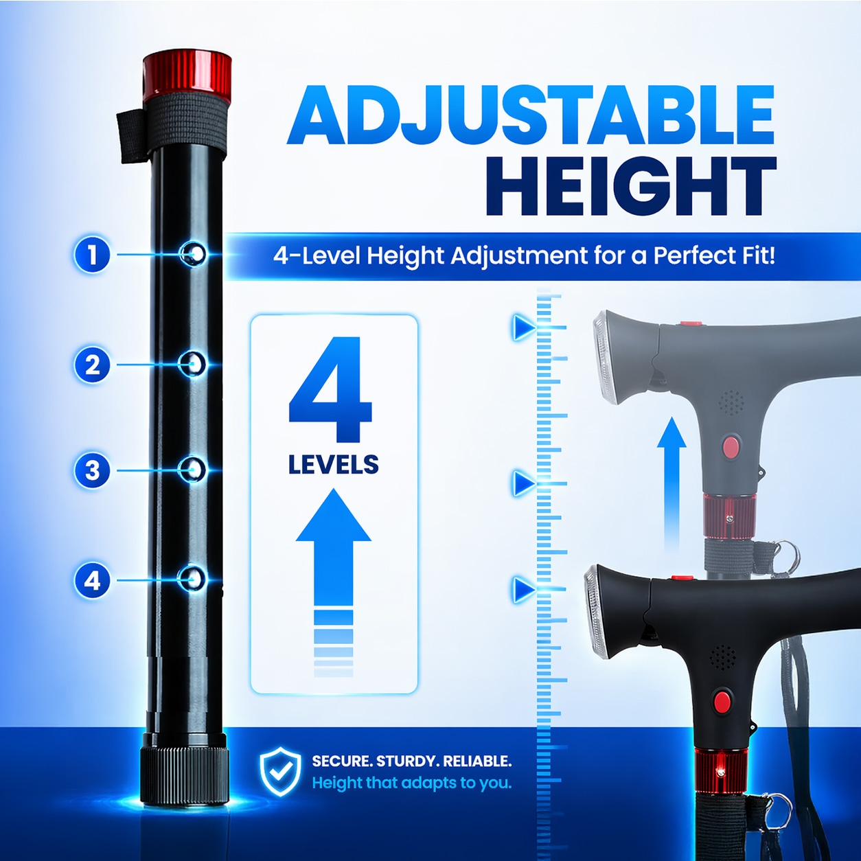 A product graphic demonstrating the 4-level adjustable height feature of a walking cane.