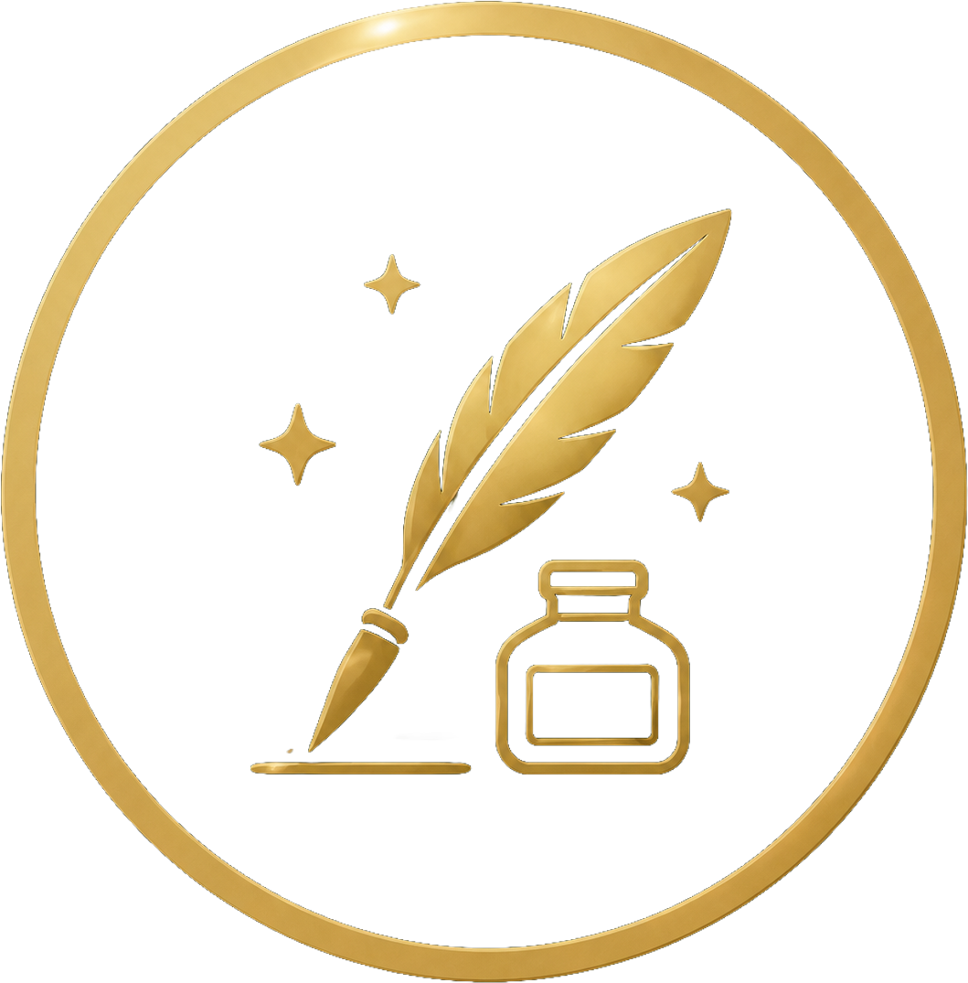 A gold icon of a quill pen next to an inkwell with sparkles, inside a gold circle.