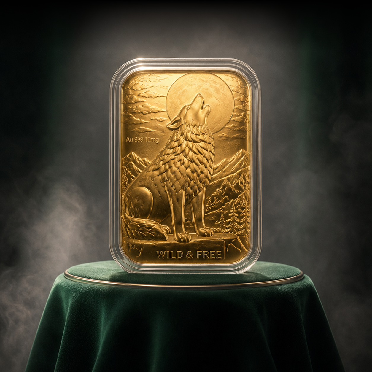 A rectangular gold bar engraved with a howling wolf, sitting on a green velvet pedestal against a dark background.