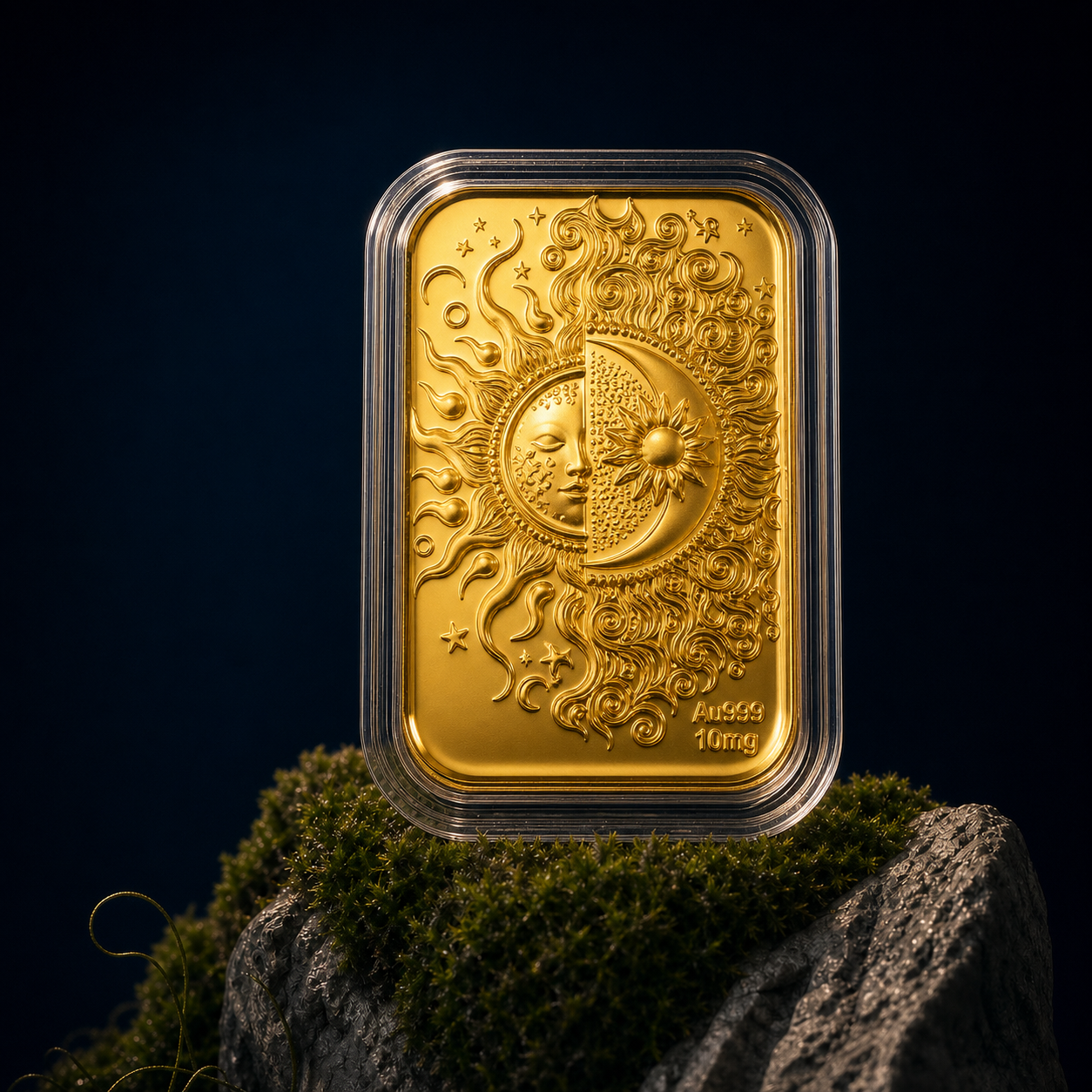 An encased gold bar with a celestial sun and moon engraving, resting on a moss-covered rock.