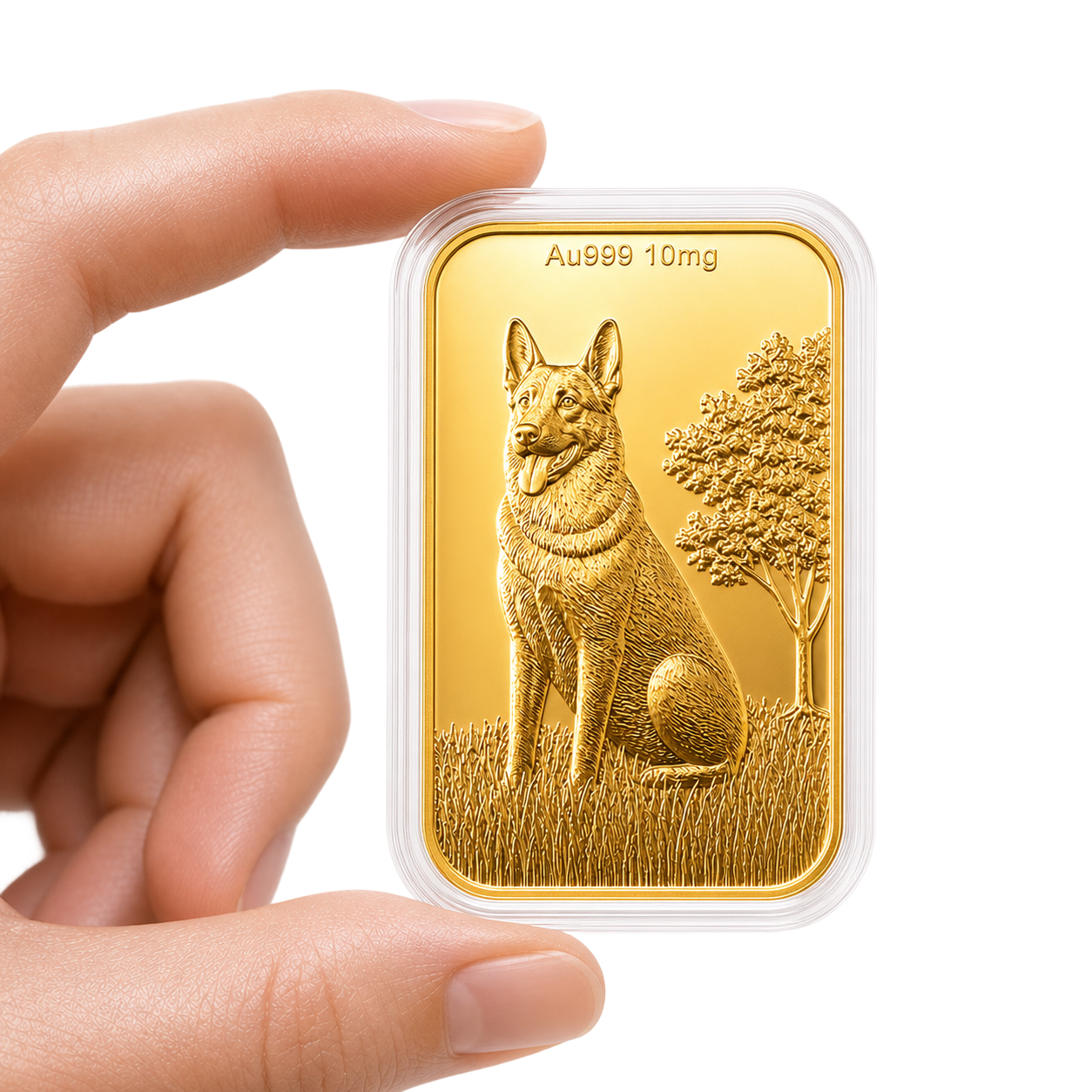 Hand holding the Guardian German Shepherd 24K gold embossed sheet