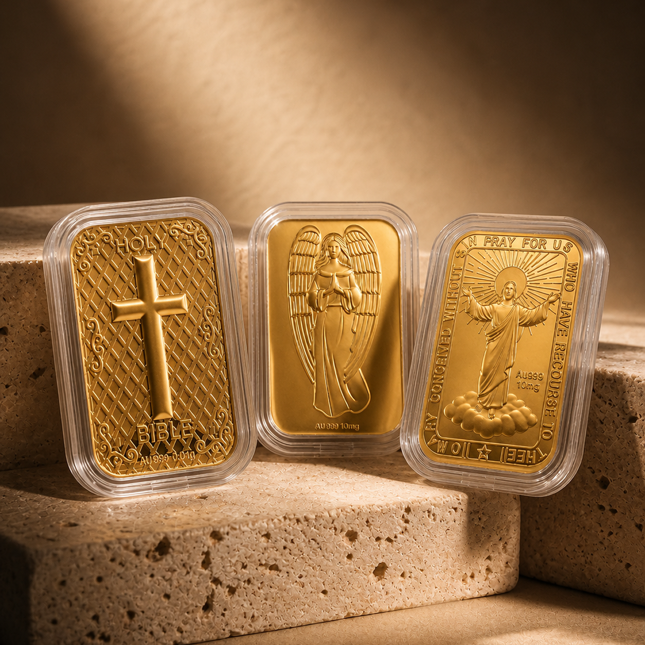 Three small, encased gold bars with Christian religious imagery resting on a stone surface.