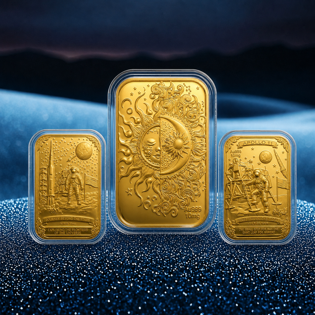 Three intricately engraved gold bars in protective cases, depicting celestial and space exploration themes on a glittery blue surface.
