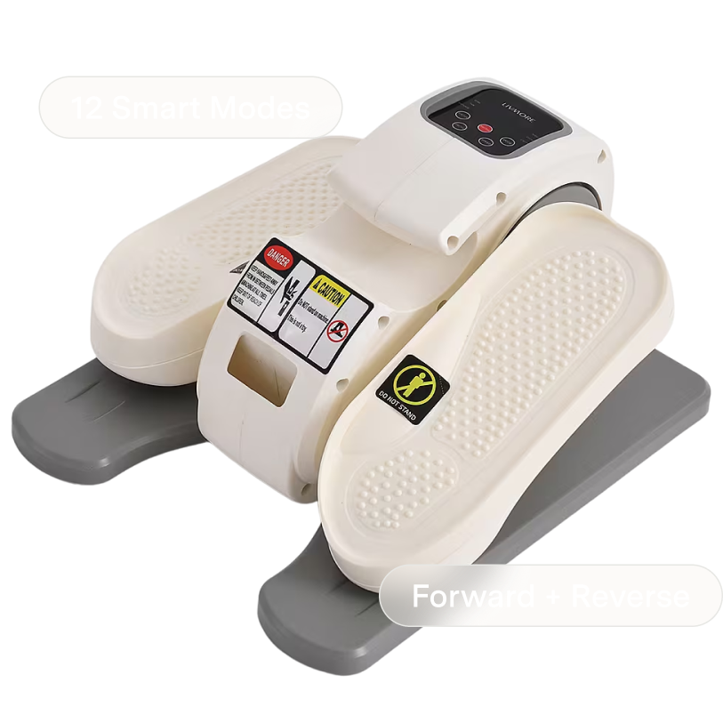 A compact foot pedal exerciser with instruction labels and a digital display for various modes.