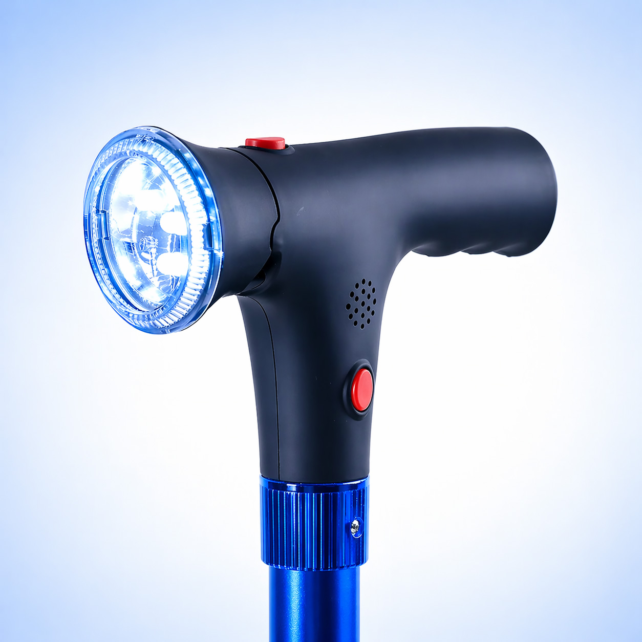A close-up of a high-tech walking cane handle with a built-in LED flashlight and red buttons.