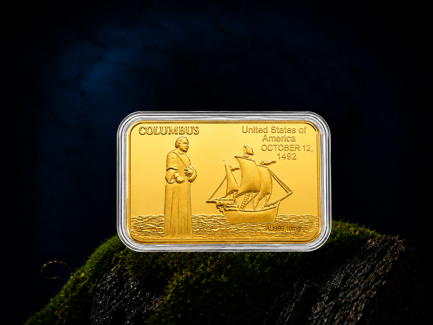 A rectangular gold bar depicting Christopher Columbus and a sailing ship, resting on a mossy surface.