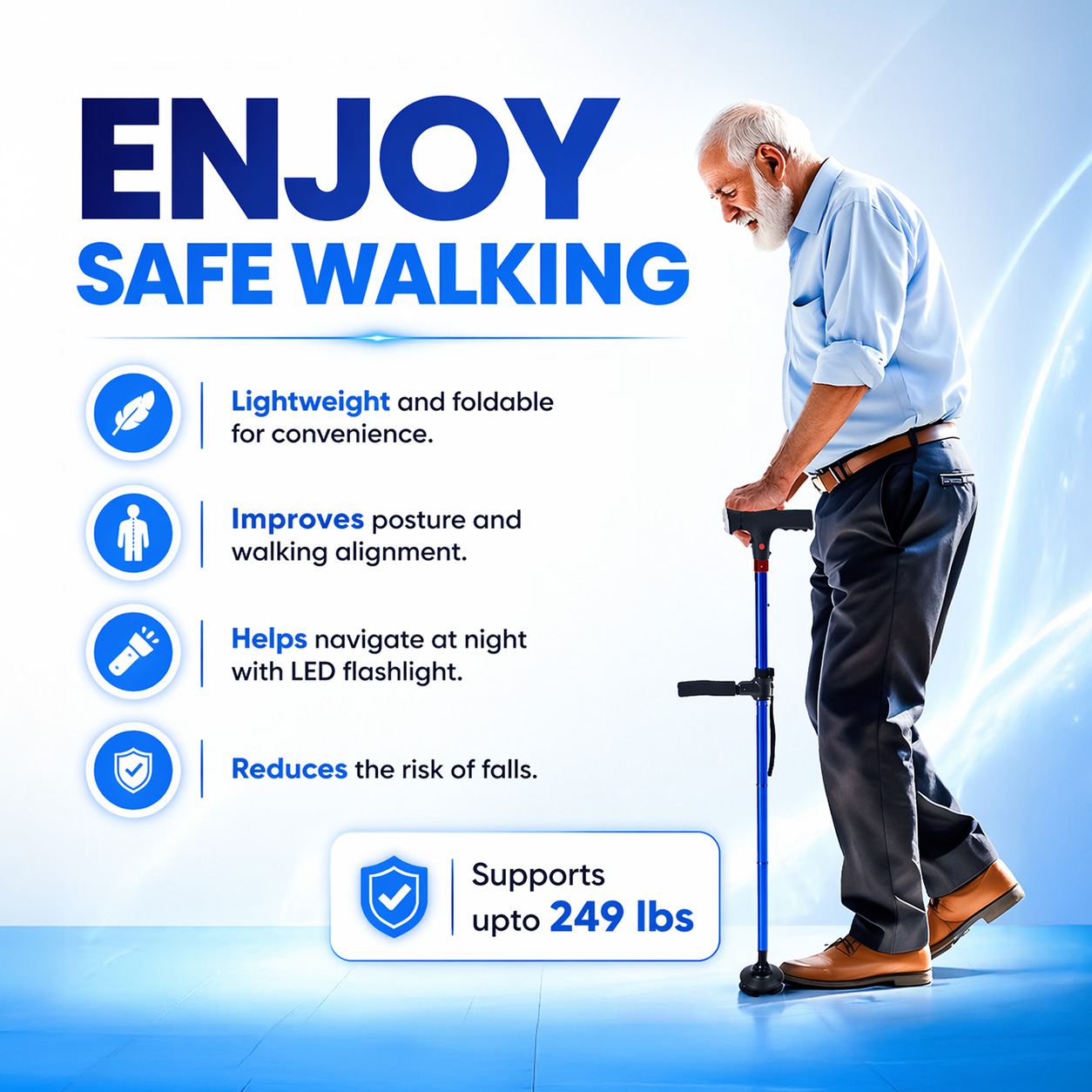 An advertisement showing an elderly man with a blue walking cane, listing its features and benefits.