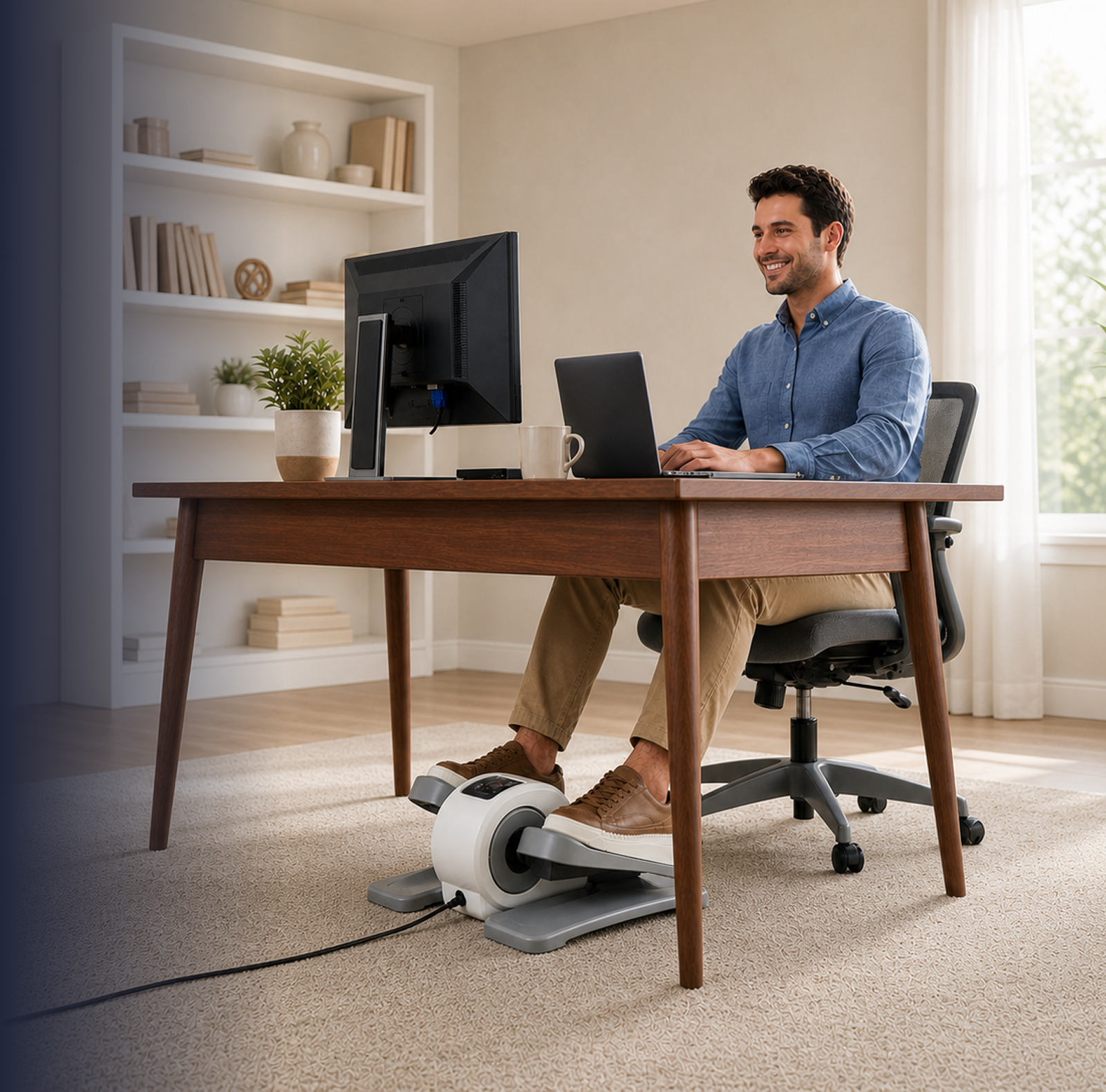 A man works at his desk on a laptop while using an under-desk elliptical machine.