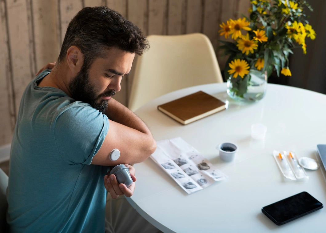 Man checking a device on his arm at a table with flowers and a notebook.