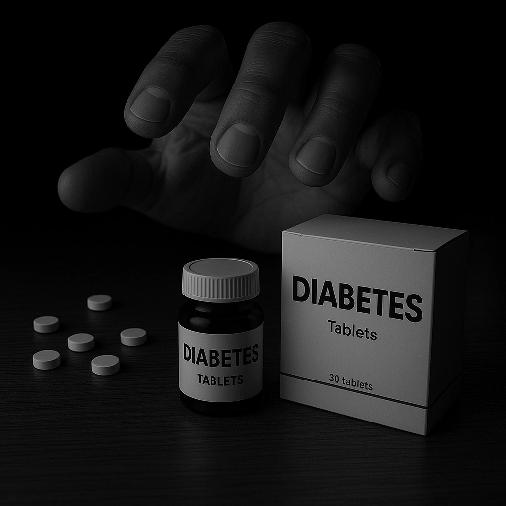 Hand reaching for diabetes tablets and pills on a table.