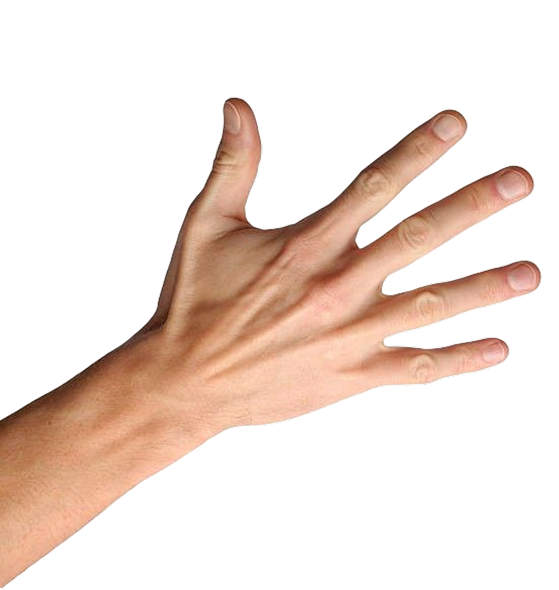 The back of a person's left hand with fingers spread open against a black background.