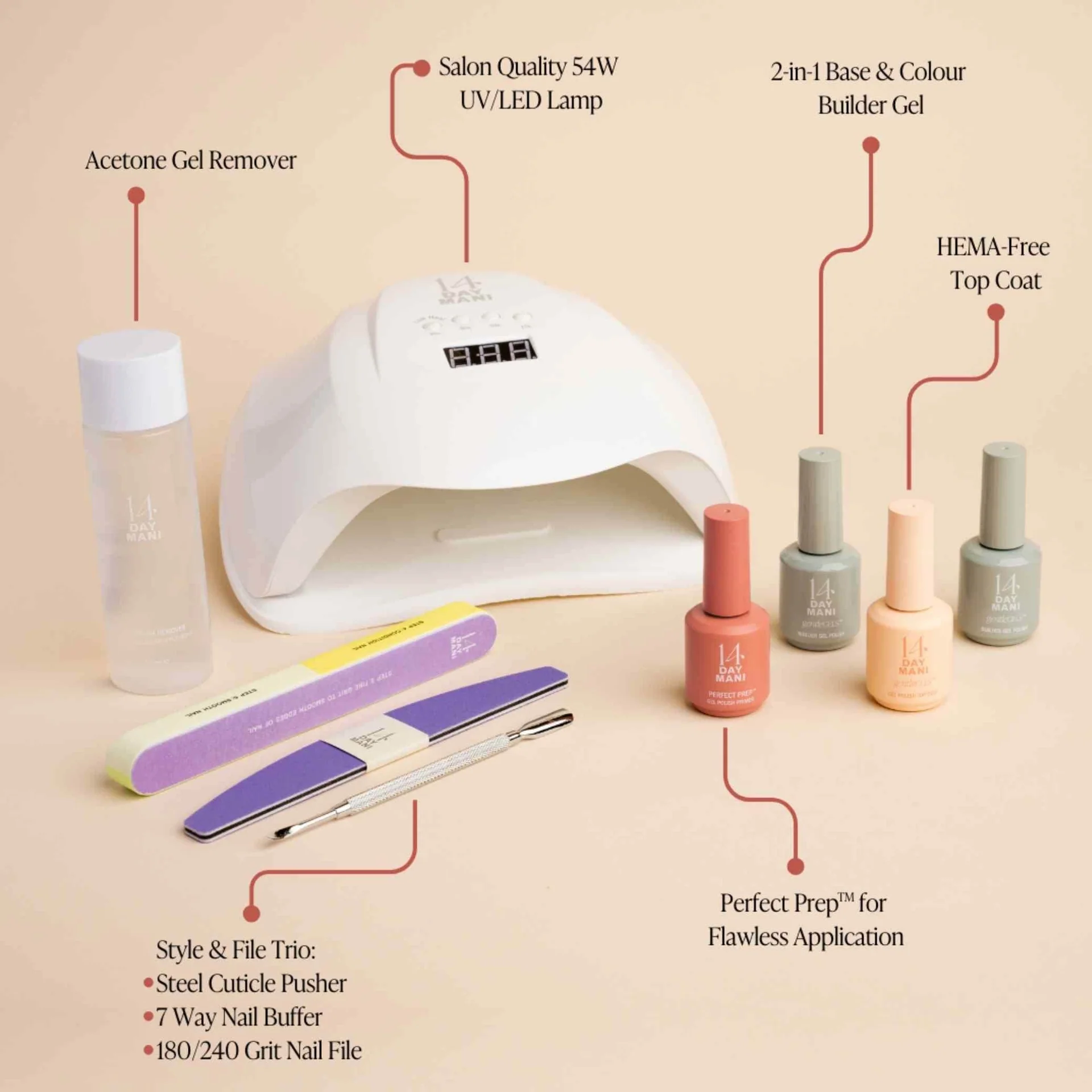 Nail care kit with UV lamp, gel bottles, files, and acetone remover.
