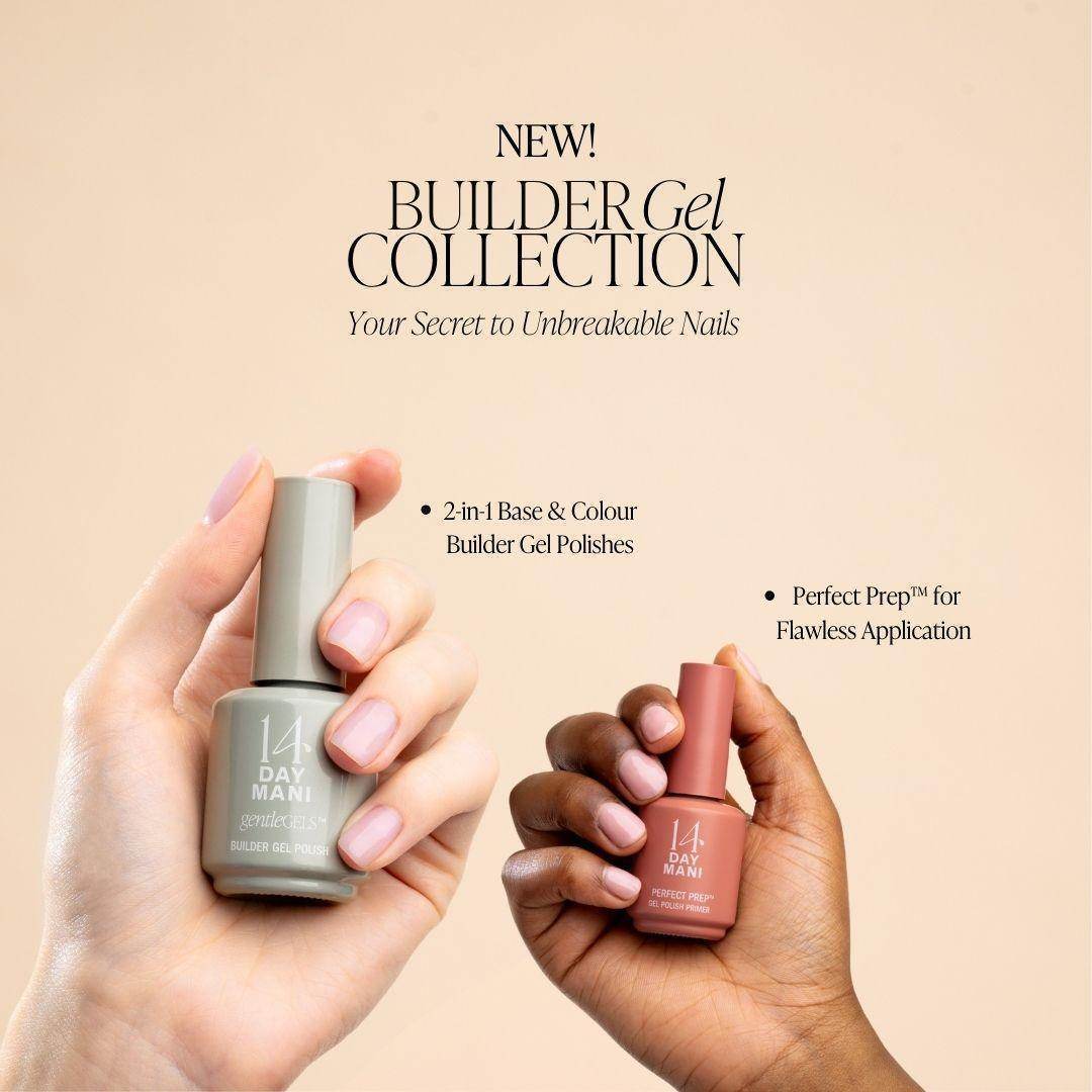 Two hands holding nail polish bottles; text about builder gel collection.