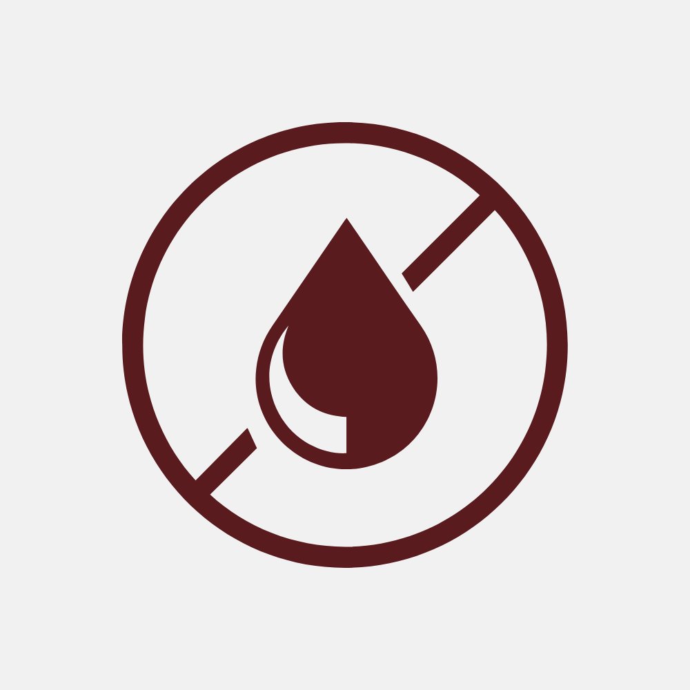 A maroon icon of a liquid droplet inside a circle with a diagonal line through it.