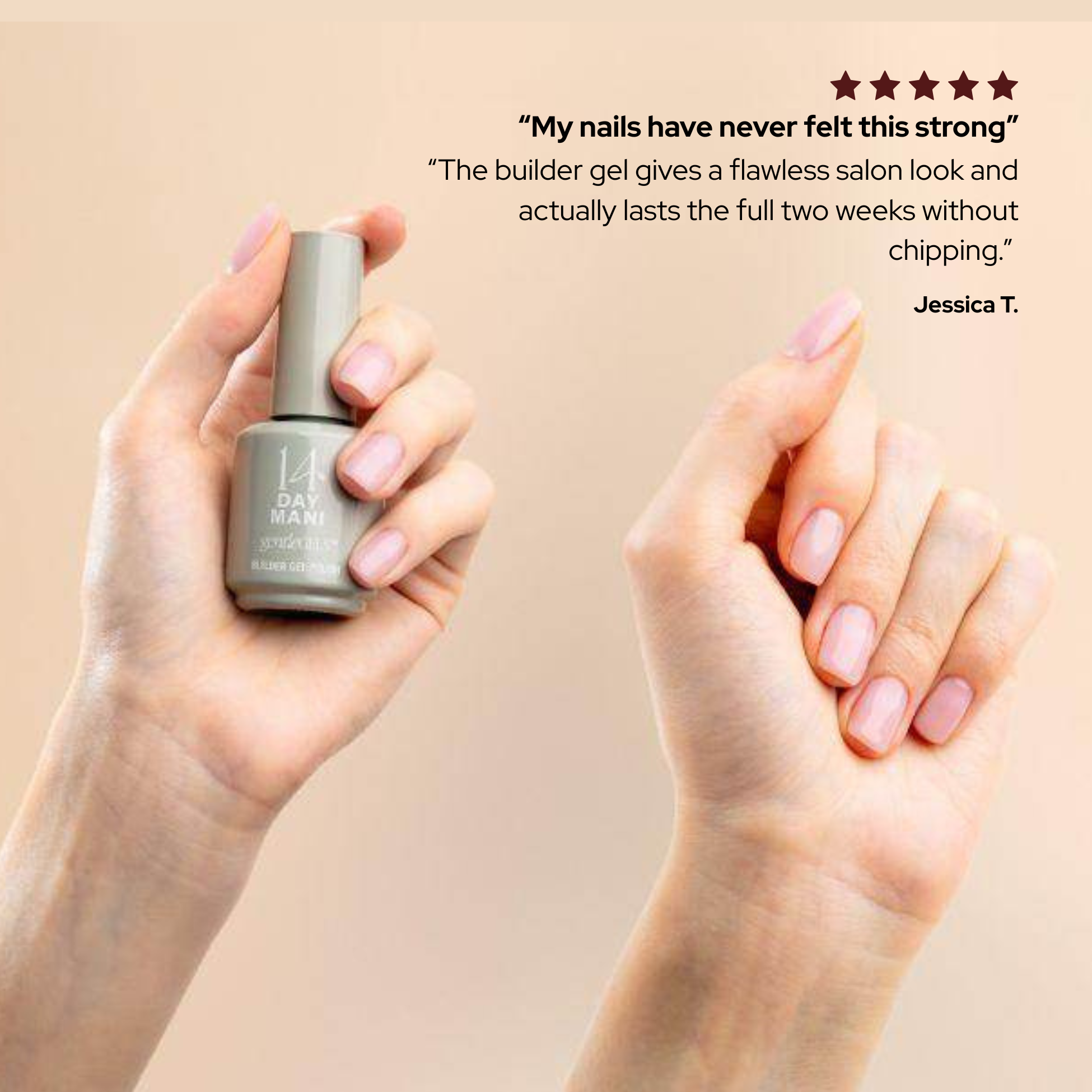 A person's hands with a pink manicure, one holding a small bottle of 14 Day Mani gel.