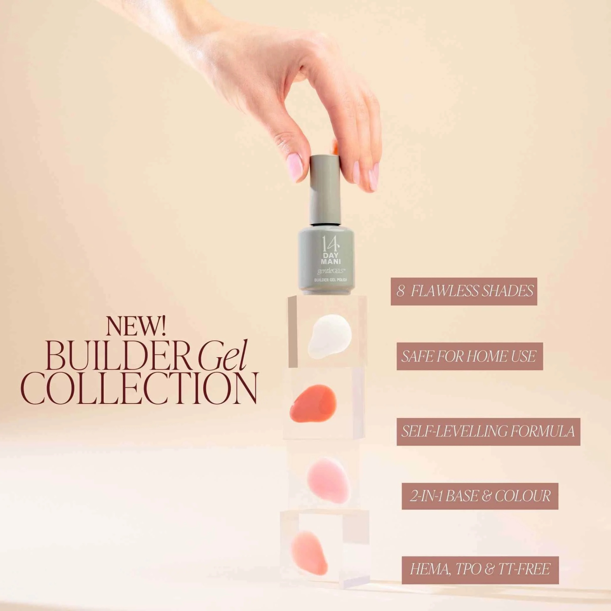An advertisement for a new builder gel collection, showing a hand holding a nail polish bottle over swatches.