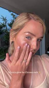 Person applying skincare product, with text overlay about Chrome nails.