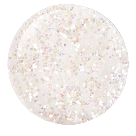 A circular swatch of a clear base with iridescent and multi-colored glitter.