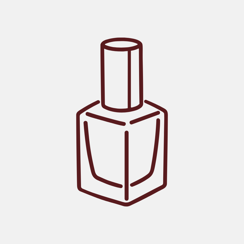 A maroon line art icon of a nail polish bottle on a light gray background.