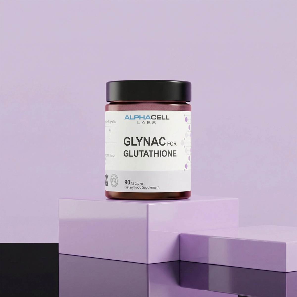 A bottle of Alphacell Labs Glynac for Glutathione supplement sitting on a lavender-colored block.