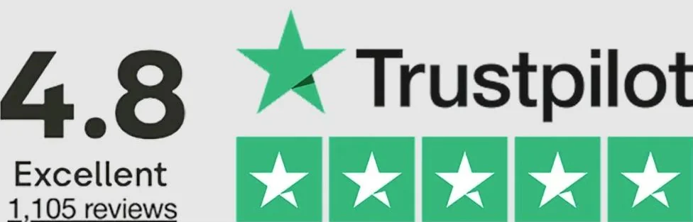 Trustpilot rating of 4.8, labeled 'Excellent' and based on 1,105 reviews, with a five-star graphic.