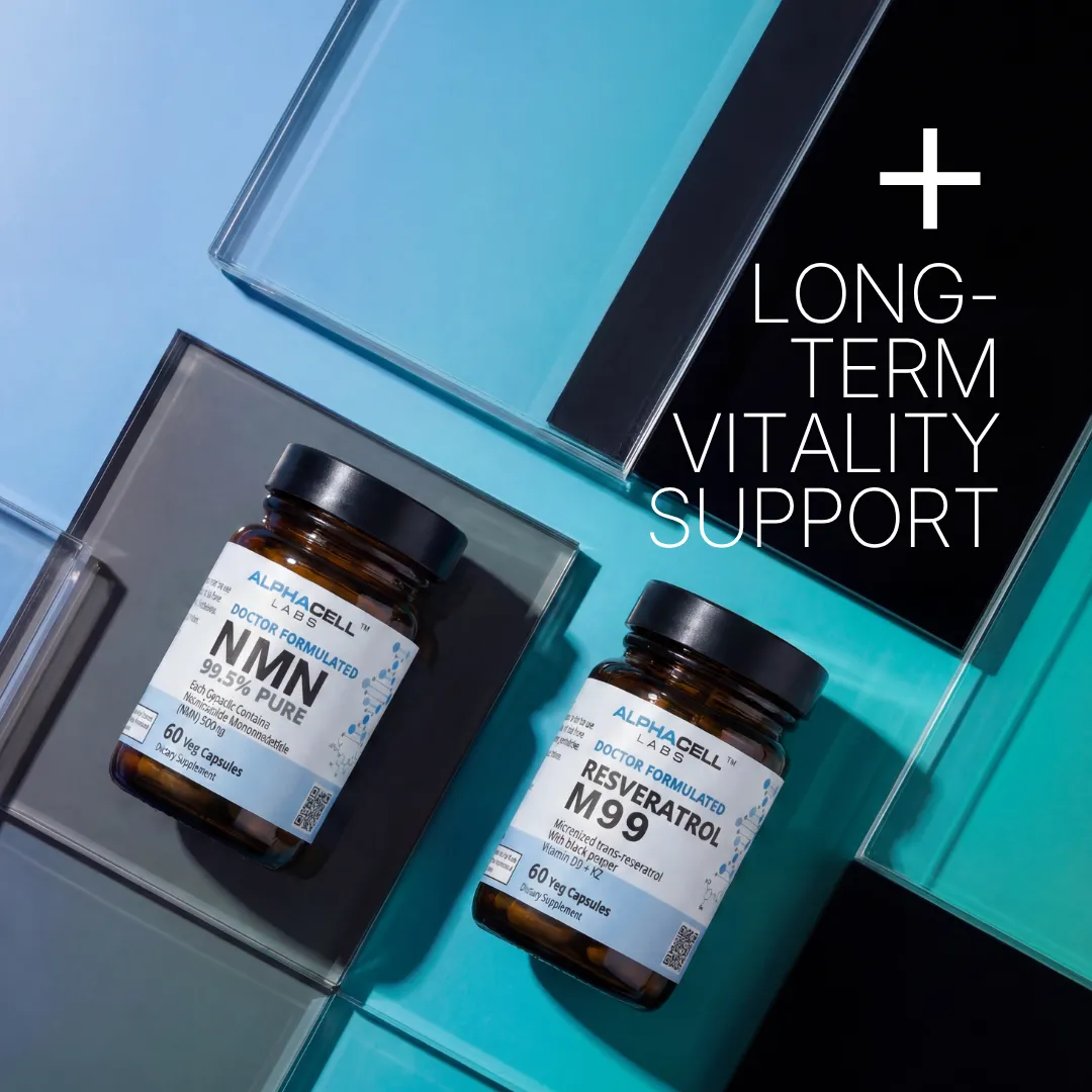 Two bottles of Alphacell Labs supplements, NMN and Resveratrol, on a geometric background with text overlay.