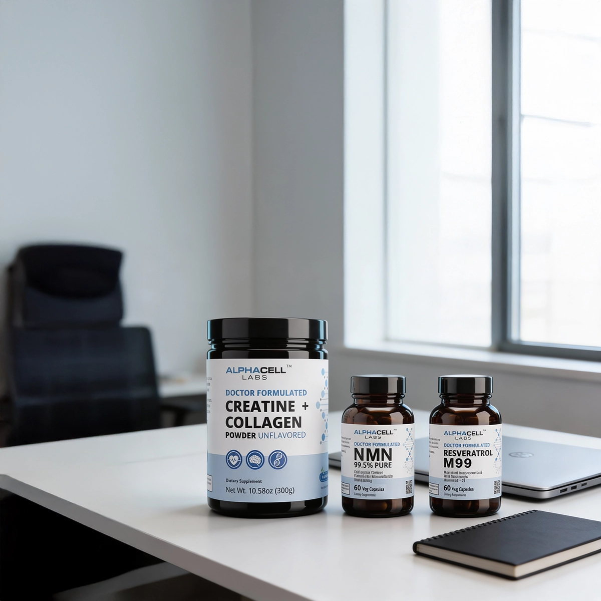 Three Alphacell Labs supplement containers sit on a white desk next to a laptop and a notebook.