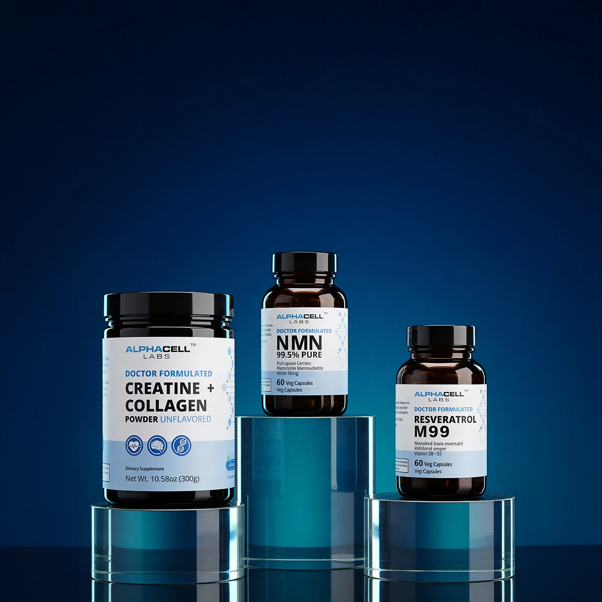 Three Alphacell Labs supplement bottles, including creatine and collagen powder, displayed on clear pedestals against a blue background.
