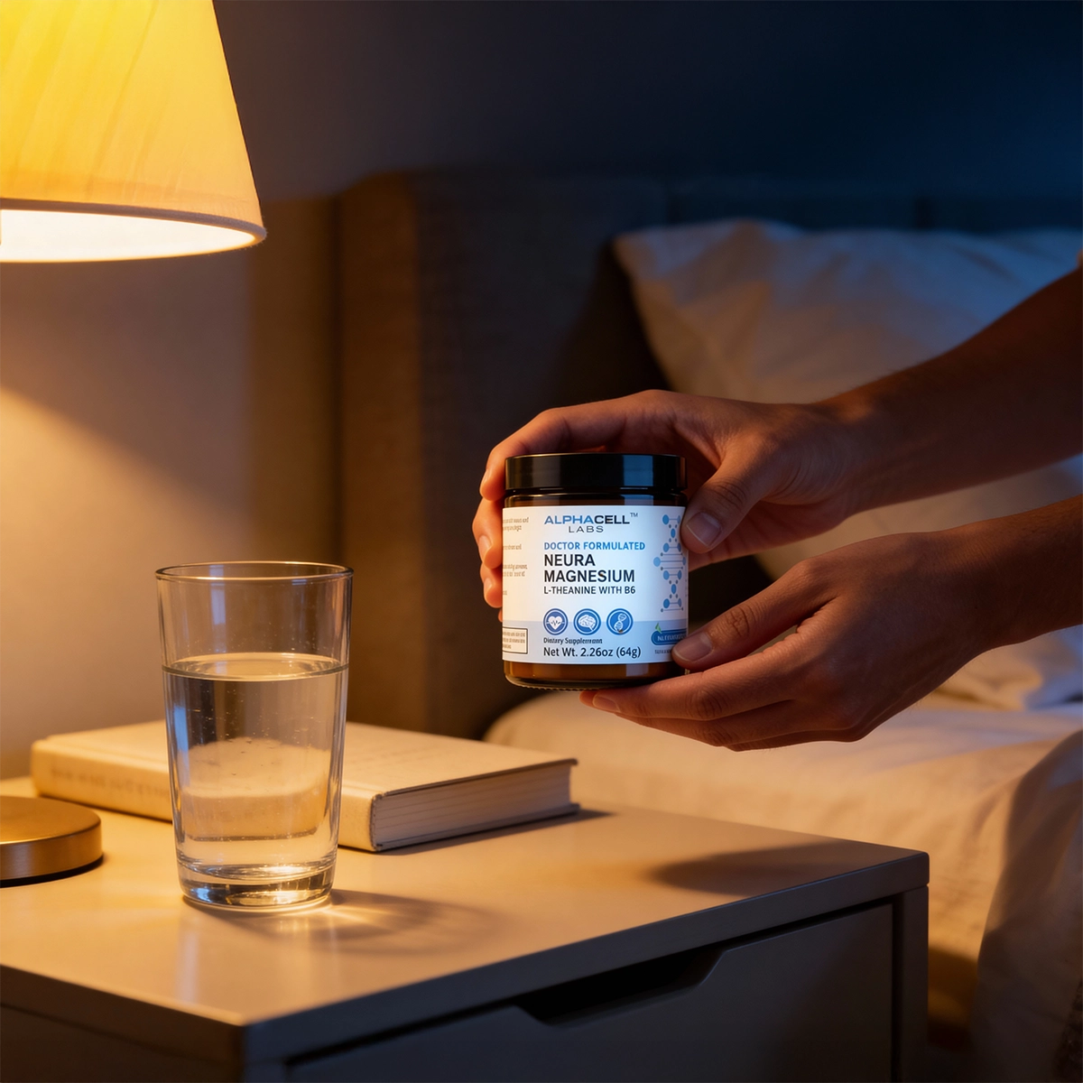 A person holds a jar of Alphacell Labs Neura Magnesium over a nightstand next to a bed.