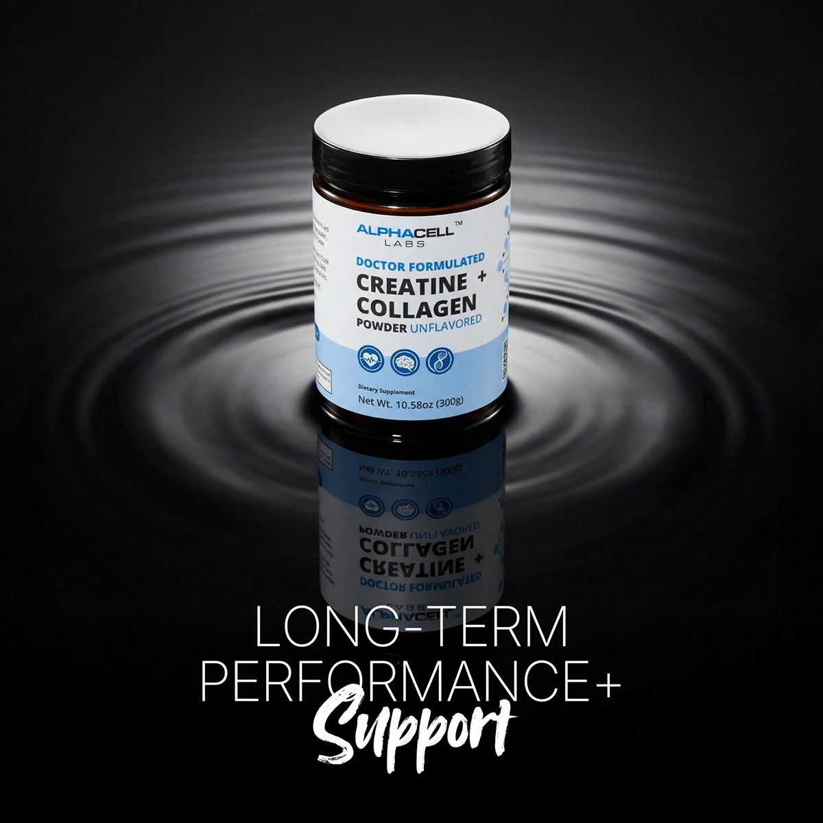 A jar of Alphacell Labs Creatine + Collagen powder sits on a dark, reflective surface with ripples.