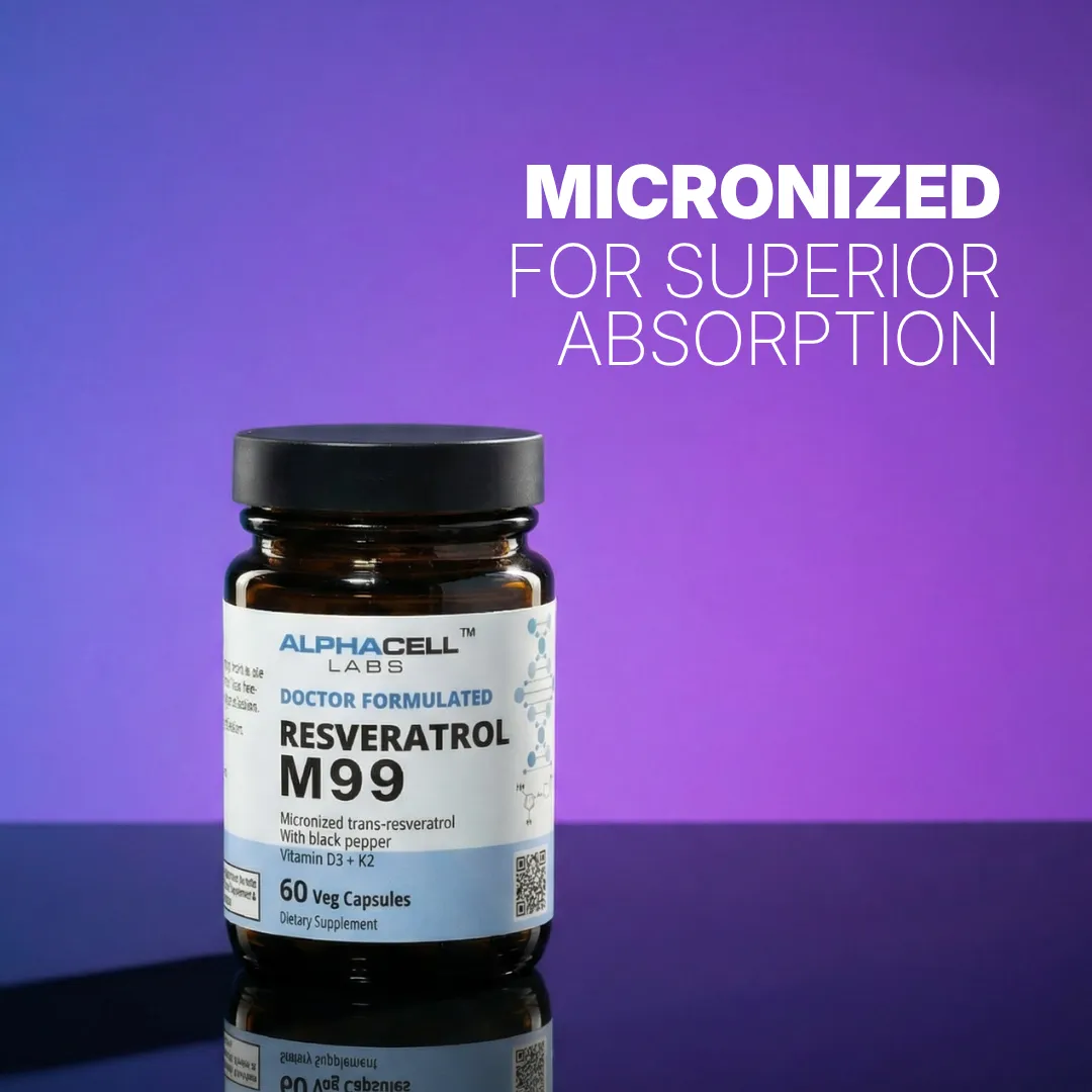 A bottle of Alphacell Labs Resveratrol M99 dietary supplement on a reflective surface against a purple background.