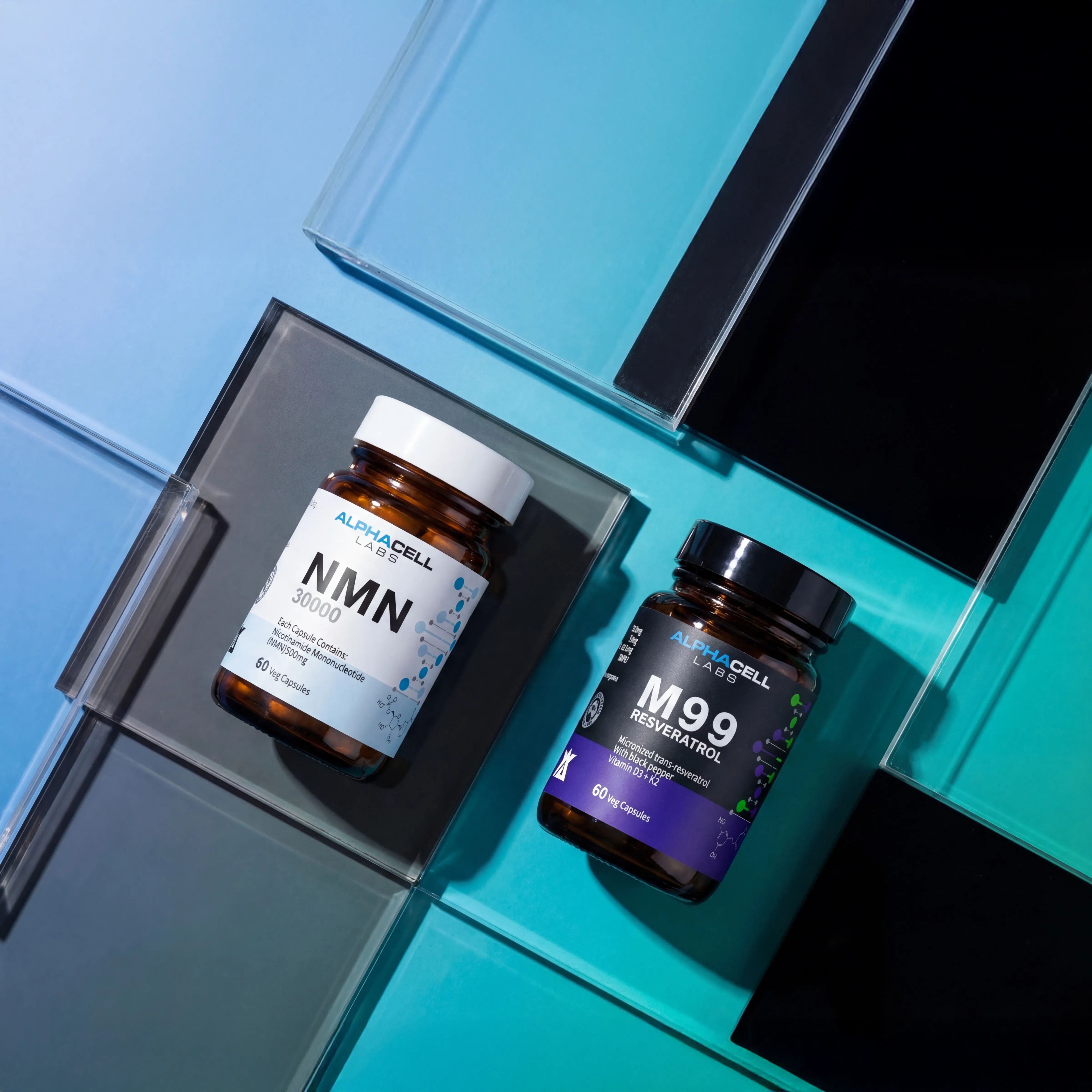 An overhead shot of two AlphaCell Labs supplement bottles on a geometric background of blue and black tiles.