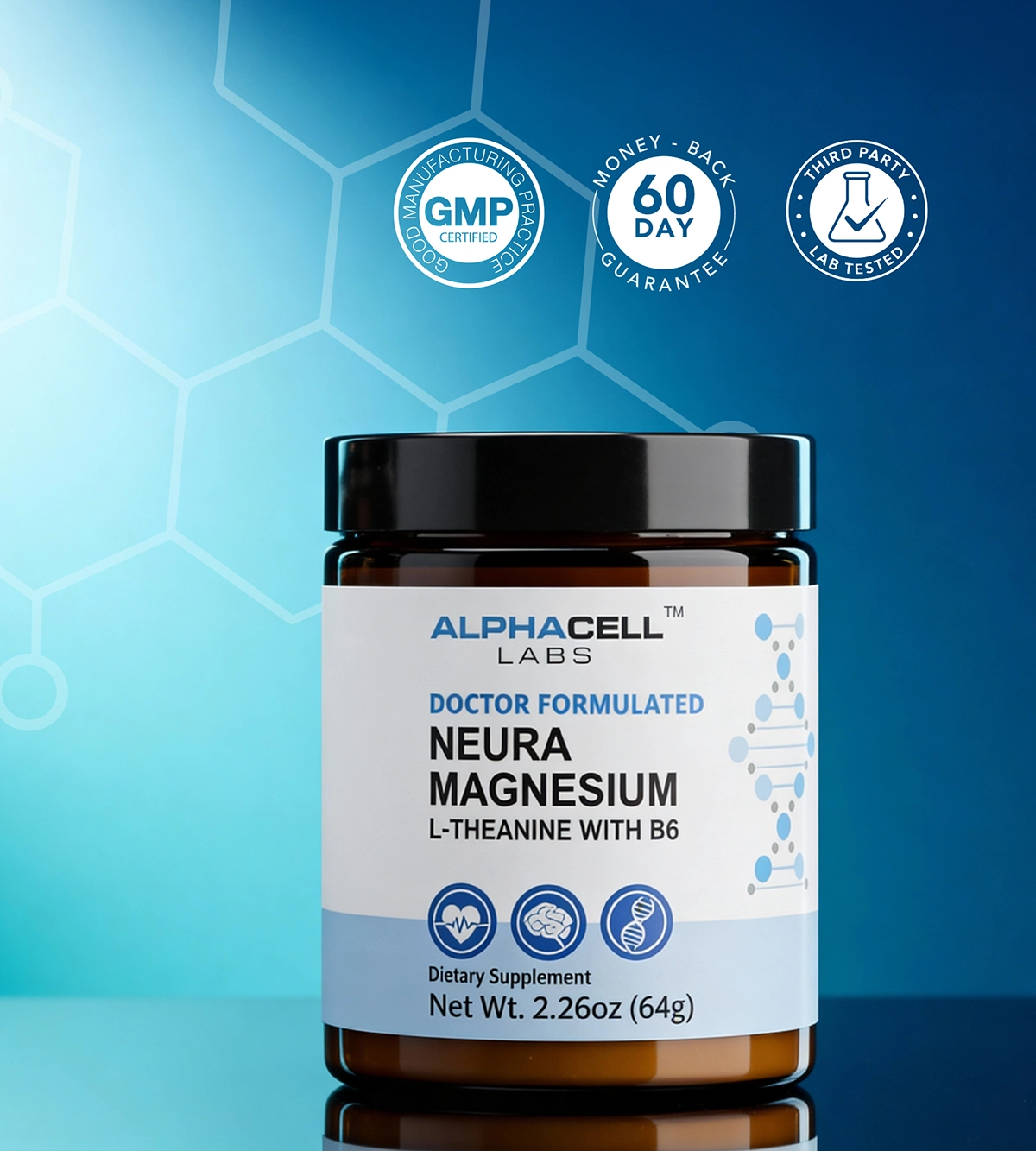 A jar of Alphacell Labs Neura Magnesium dietary supplement against a blue background with certification logos.