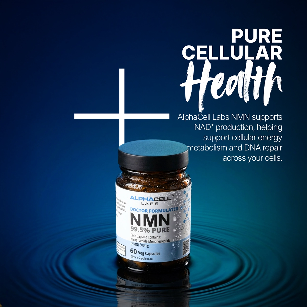 A person reaches for a jar of Alphacell Creatine + Collagen next to a glass water bottle.