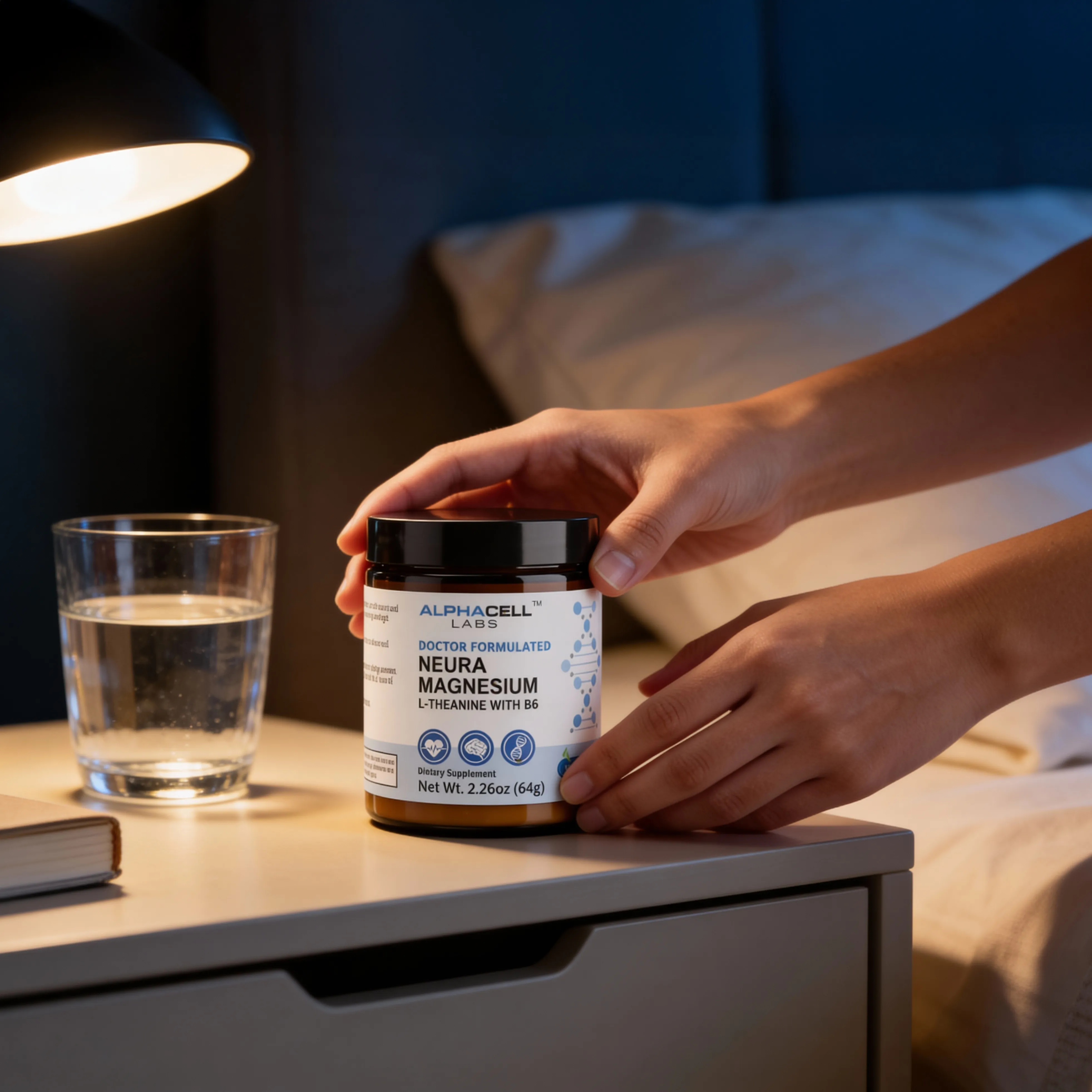 A person placing a bottle of Alphacell Labs magnesium supplements on a bedside table next to a lamp.