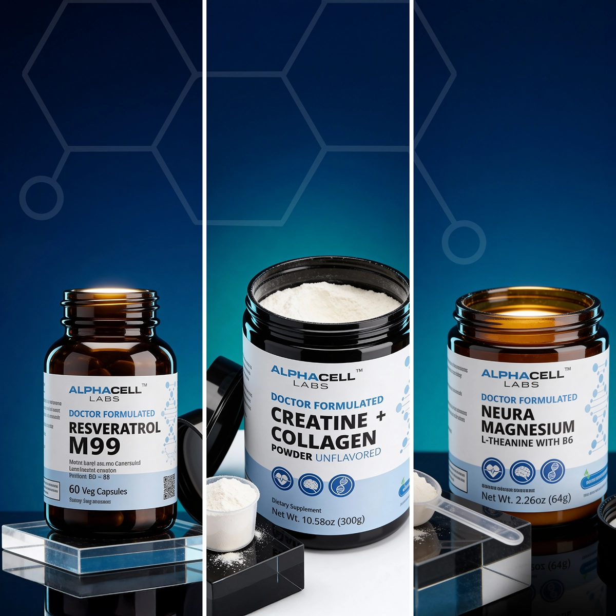 Three supplement bottles from Alphacell Labs: Resveratrol, Creatine + Collagen powder, and Neura Magnesium on display.