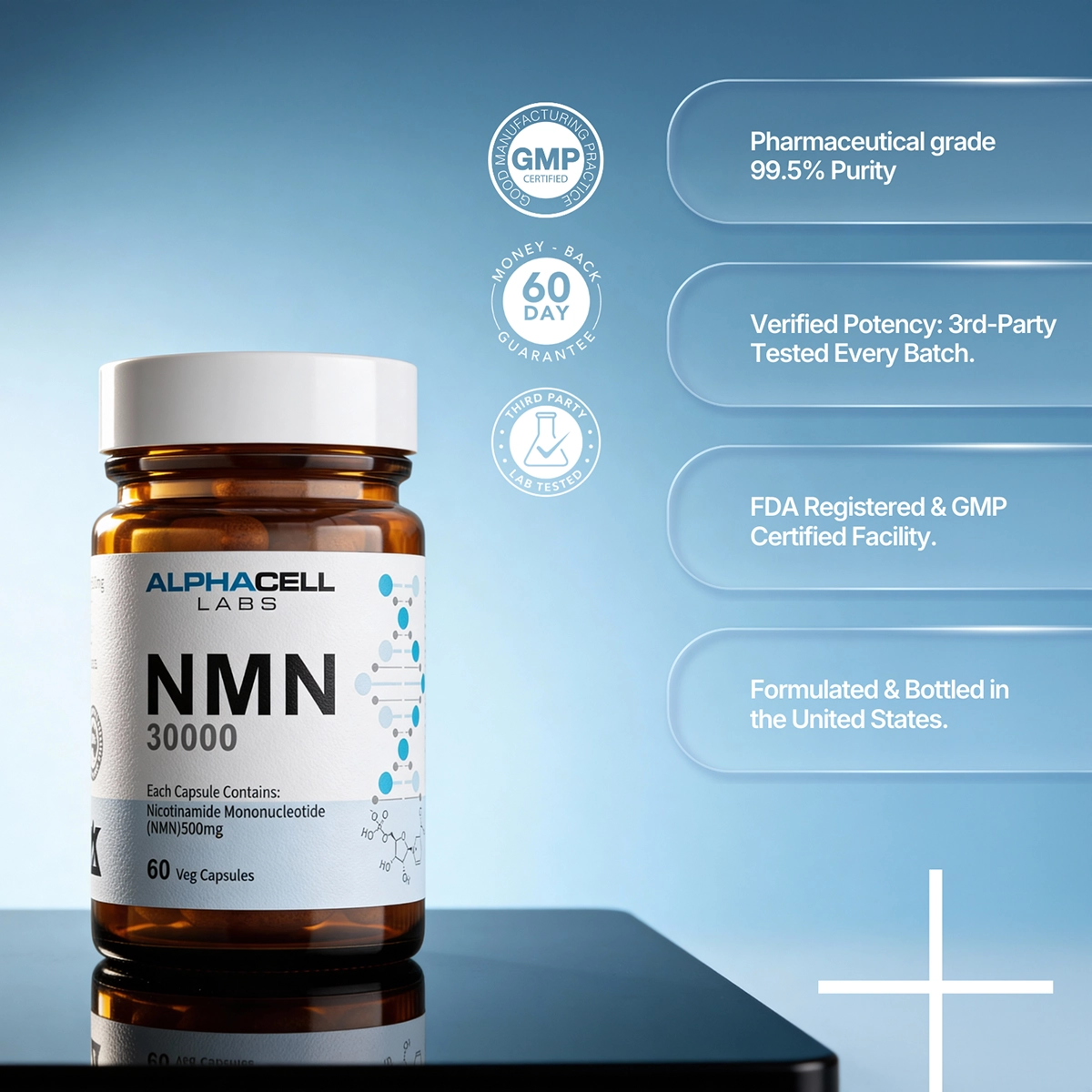 A bottle of Alphacell Labs NMN supplement next to graphics highlighting its features and certifications.