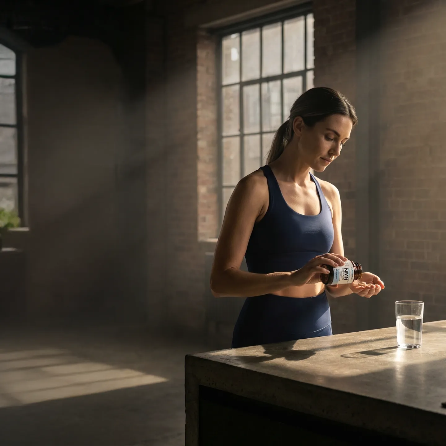 A woman in blue athletic wear pours pills from a supplement bottle into her hand in a sunlit room.
