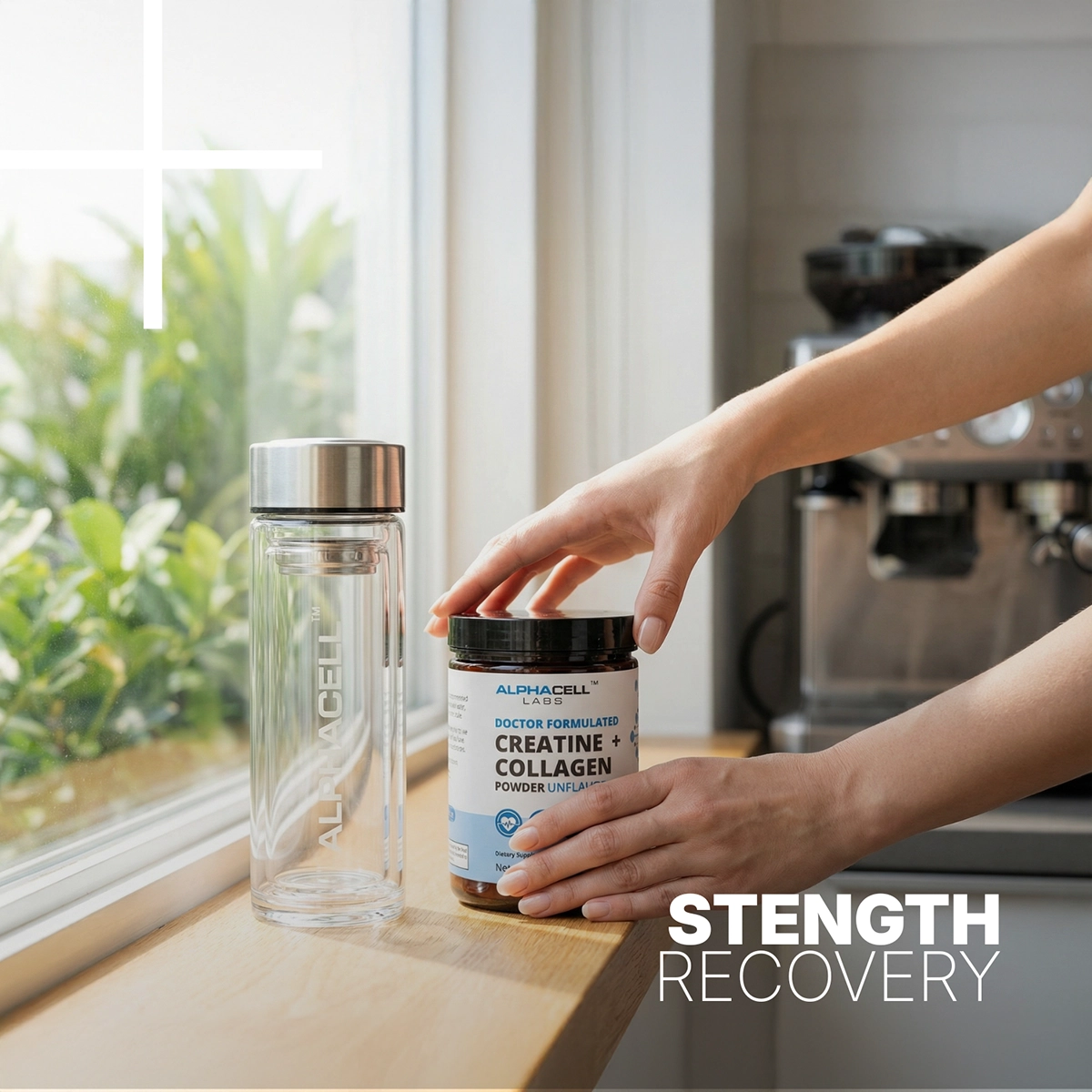 A person reaches for a jar of Alphacell Creatine + Collagen next to a glass water bottle.
