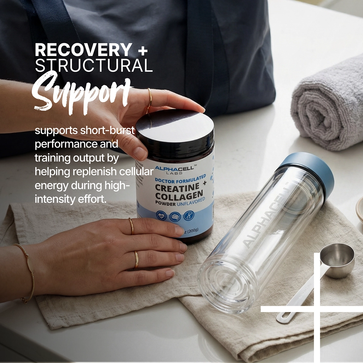 A person holding a jar of Alphacell Creatine + Collagen powder next to a water bottle and towel.