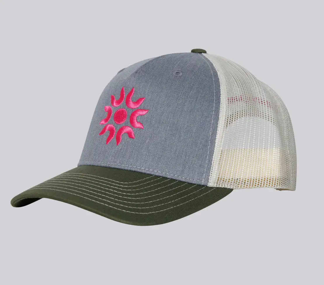 Baseball cap with gray front, pink logo, olive brim, and mesh back.