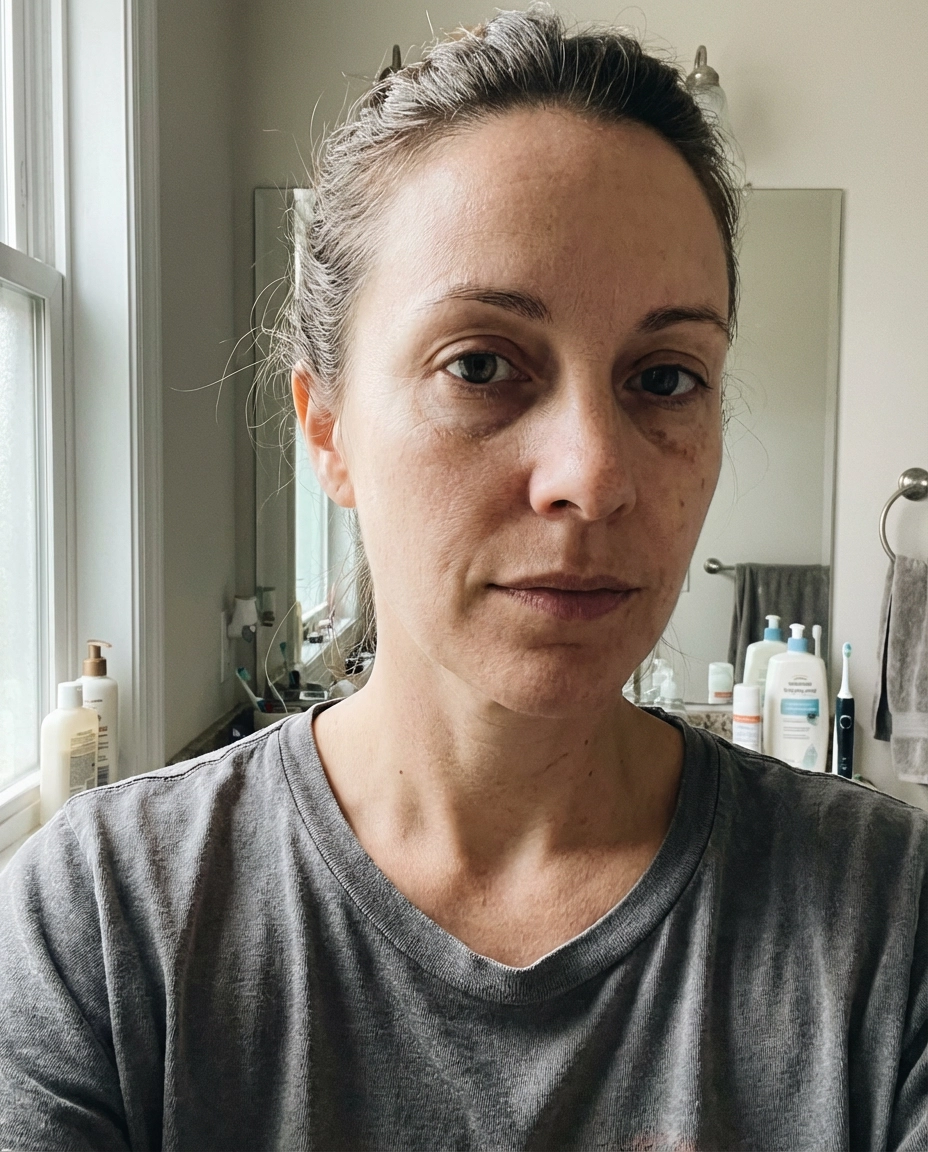 A woman with her hair pulled back in a grey t-shirt looks at the camera in a bathroom.