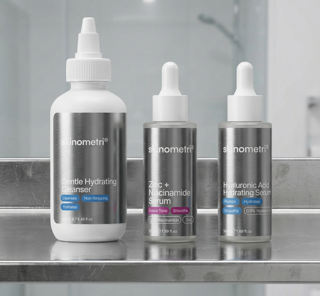 Three skincare products on a metal shelf, labeled skinometri.
