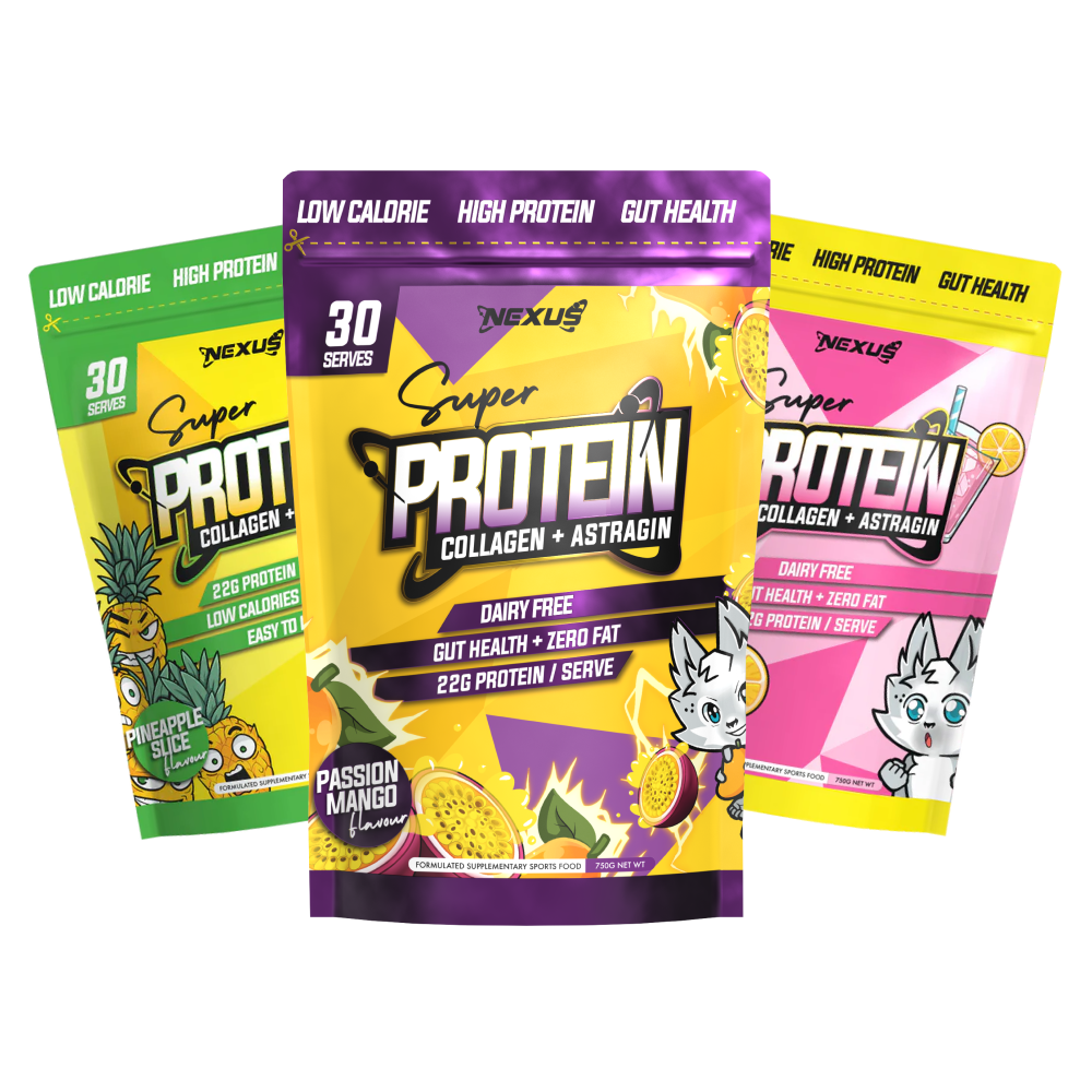 Three colorful protein supplement packages with fruit illustrations and text highlighting benefits.