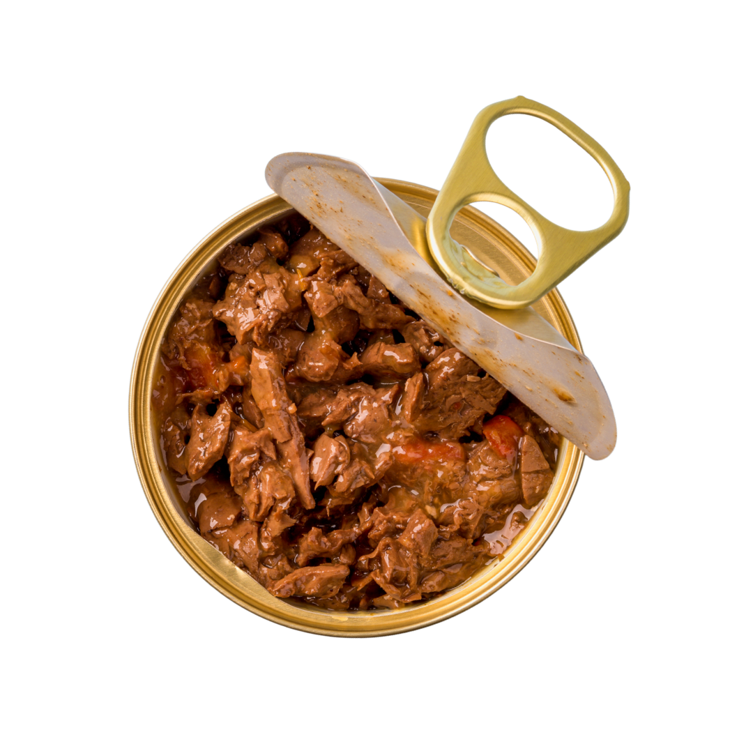 Opened can with pieces of cooked meat inside.